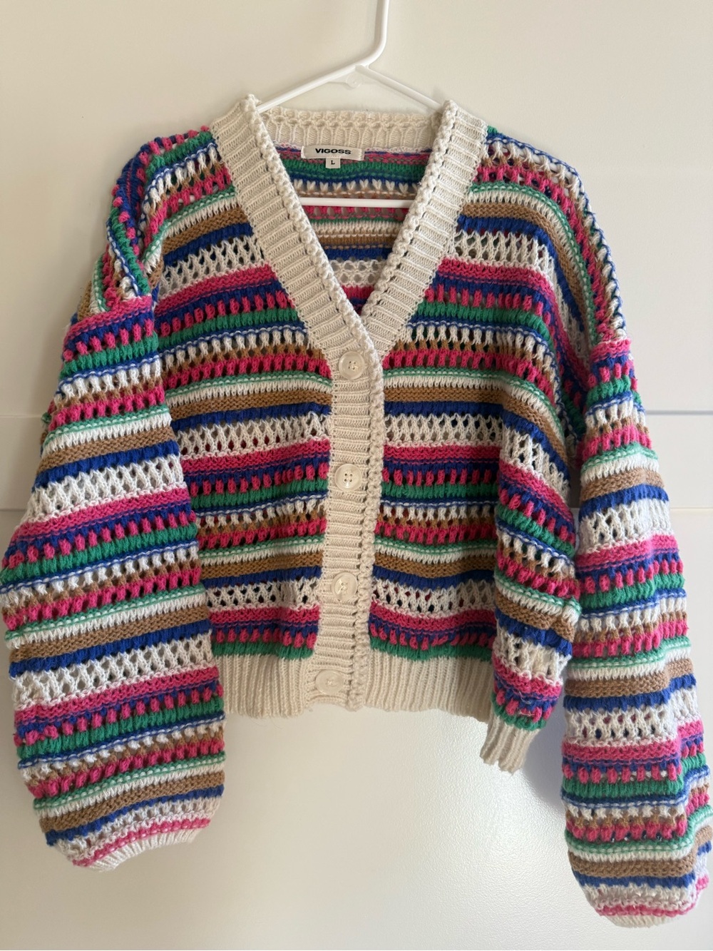 Vigoss Multicolor Crochet Knit Cardigan Sweater Boho Striped Large